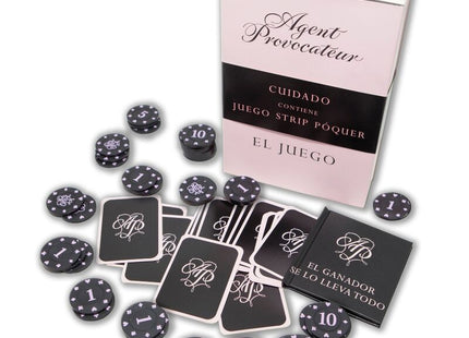 Schwarzes pokerchip-set diablo picante mit weißen sternen und monogrammen sowie spielkarten in rosa agent provocateur box