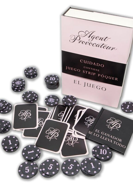 Schwarzes pokerchip-set diablo picante mit weißen sternen und monogrammen sowie spielkarten in rosa agent provocateur box