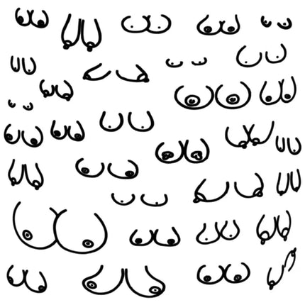 Schwarze lineart illustrations von verschiedenen stilisierten brustformen auf weißen quadratischen untersetzern für diverty sex