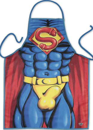 Diablo picante super penis schürze blau und rot mit gelbem gürtel und ikonischem s schild emblem