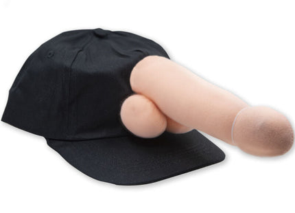 Schwarze plüsch-baseballkappe diabolo picante mit beigefarbenem phallus-förmigem anhänger an der rückseite