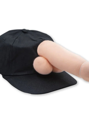 Schwarze plüsch-baseballkappe diabolo picante mit beigefarbenem phallus-förmigem anhänger an der rückseite