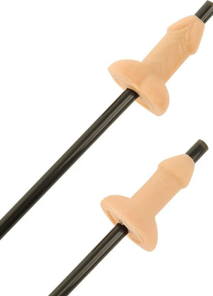 Beige silikon penishalter mit schwarzen zylindrischen stielen aus der diablo picante tasche mit 10 natürlichen penis-strohhalmen