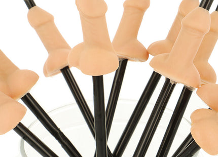 Beige silikonstrohhalme mit schwarzen kunststoffspitzen in penisform im diablo picante set mit 10 natürlichen strohhalmen