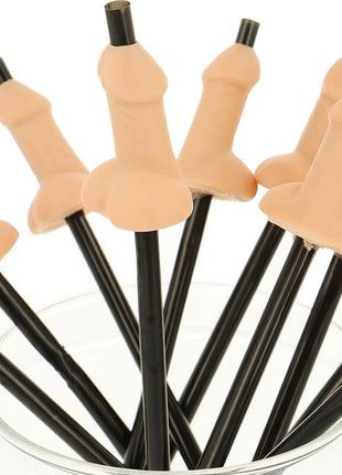 Beige silikonstrohhalme mit schwarzen kunststoffspitzen in penisform im diablo picante set mit 10 natürlichen strohhalmen