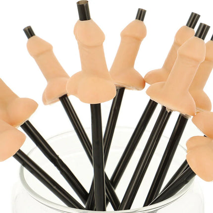 Beige silikonstrohhalme mit schwarzen kunststoffspitzen in penisform im diablo picante set mit 10 natürlichen strohhalmen