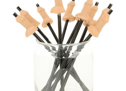 Beige silikon penis-strohhalme mit schwarzen plastikspitzen in klares glas gestellt tasche mit 10 natürlichen diablo picante
