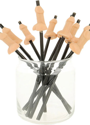 Beige silikon penis-strohhalme mit schwarzen plastikspitzen in klares glas gestellt tasche mit 10 natürlichen diablo picante
