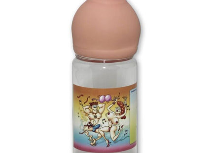 Klarer plastik babyflasche diablo picante mit rosa silikon sauger und bunter cartoon etikette mit tanzenden figuren