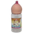 Klarer plastik babyflasche diablo picante mit rosa silikon sauger und bunter cartoon etikette mit tanzenden figuren
