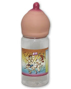 Klarer plastik babyflasche diablo picante mit rosa silikon sauger und bunter cartoon etikette mit tanzenden figuren