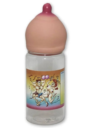 Klarer plastik babyflasche diablo picante mit rosa silikon sauger und bunter cartoon etikette mit tanzenden figuren