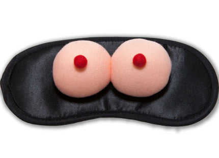 Schwarze satin schlafmaske diablo picante mit zwei rosa kuscheligen brustförmigen applikationen und roten nippeln