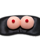 Schwarze satin schlafmaske diablo picante mit zwei rosa kuscheligen brustförmigen applikationen und roten nippeln