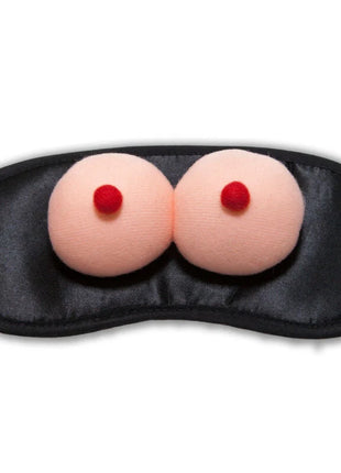 Schwarze satin schlafmaske diablo picante mit zwei rosa kuscheligen brustförmigen applikationen und roten nippeln