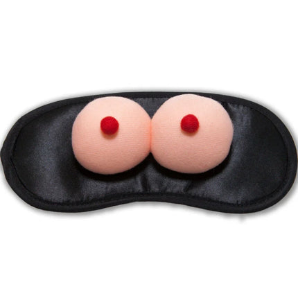 Schwarze satin schlafmaske diablo picante mit zwei rosa kuscheligen brustförmigen applikationen und roten nippeln