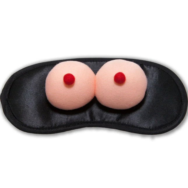 Schwarze satin schlafmaske diablo picante mit zwei rosa kuscheligen brustförmigen applikationen und roten nippeln