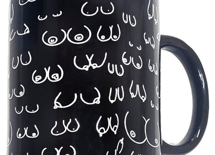 Schwarzer keramiktasse diablo picante 370 ml mit weiß umrandetem brustmuster für kaffeegenuss