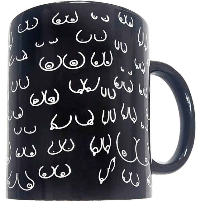 Schwarzer keramiktasse diablo picante 370 ml mit weiß umrandetem brustmuster für kaffeegenuss
