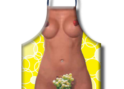 Vibrante gelbe traubenschürze für damen mit spielerischem design eines nackten körpers mit trauben und erdbeeren