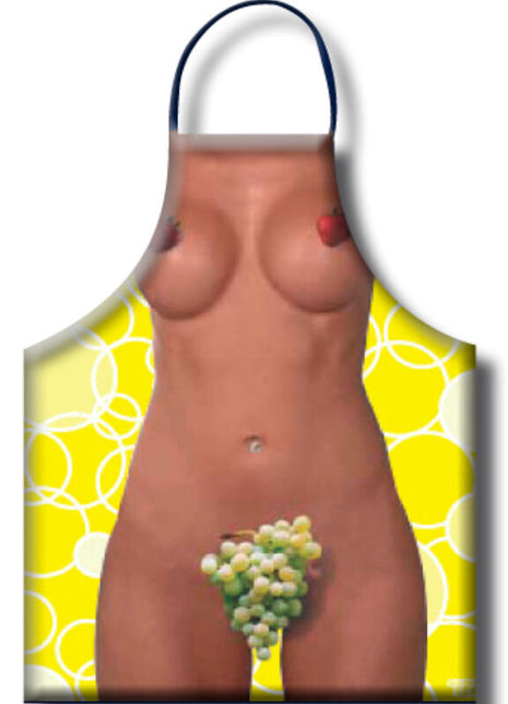 Vibrante gelbe traubenschürze für damen mit spielerischem design eines nackten körpers mit trauben und erdbeeren