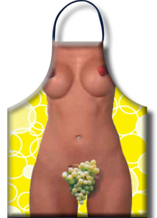 Vibrante gelbe traubenschürze für damen mit spielerischem design eines nackten körpers mit trauben und erdbeeren