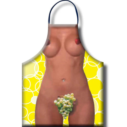 Vibrante gelbe traubenschürze für damen mit spielerischem design eines nackten körpers mit trauben und erdbeeren
