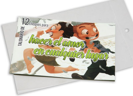 Buntes cartoon-themed scheckbuch cover mit zwei lächelnden charakteren in umarmung grünem text auf weißem grund