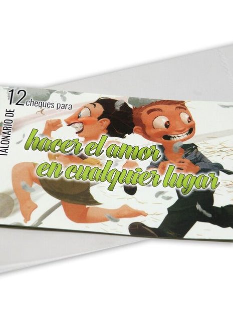 Buntes cartoon-themed scheckbuch cover mit zwei lächelnden charakteren in umarmung grünem text auf weißem grund