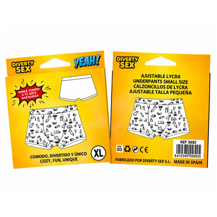 Weiße unterhose mit schwarzen doodle-illustrationen auf gelber verpackung diabolo picante für große penisse