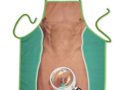 Grüne vergrößerungsschürze für herren mit humorvoller anatomischer muskelabbildung und lupenfokus auf unterbauch