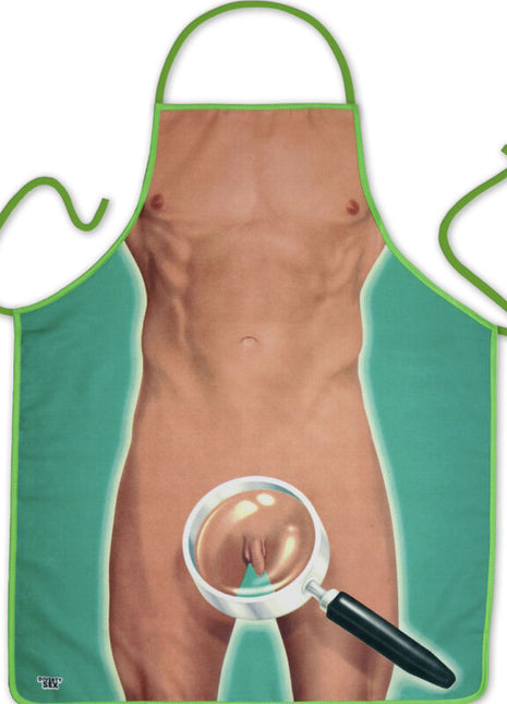 Grüne vergrößerungsschürze für herren mit humorvoller anatomischer muskelabbildung und lupenfokus auf unterbauch