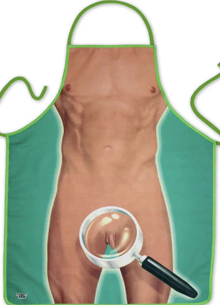 Grüne vergrößerungsschürze für herren mit humorvoller anatomischer muskelabbildung und lupenfokus auf unterbauch