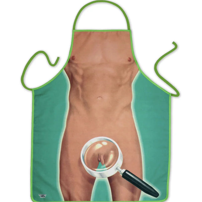 Grüne vergrößerungsschürze für herren mit humorvoller anatomischer muskelabbildung und lupenfokus auf unterbauch