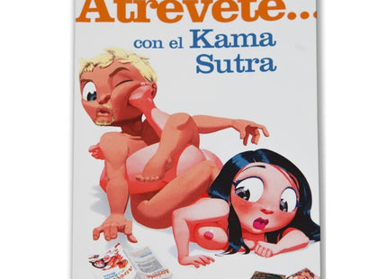 Weißer buchumschlag mit cartoonillustrationen zweier charaktere und oranger sowie blauer schrift diablo picante wagen sie es mit dem kamasutra