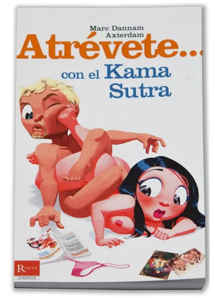 Weißer buchumschlag mit cartoonillustrationen zweier charaktere und oranger sowie blauer schrift diablo picante wagen sie es mit dem kamasutra