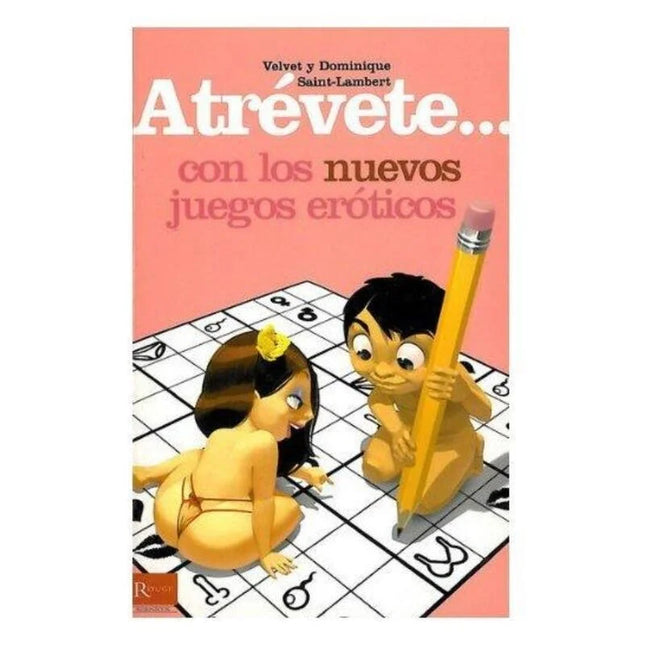 Rosa buchcover mit cartoonfiguren auf raster und symbolen zum erotikspiel diablo picante wagen sie es
