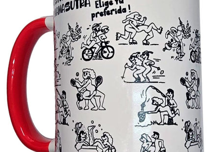Weißer keramikbecher diablo picante mit rotem henkel und kamasutra-stellungen als schwarze linienzeichnungen