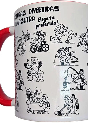 Weißer keramikbecher diablo picante mit rotem henkel und kamasutra-stellungen als schwarze linienzeichnungen