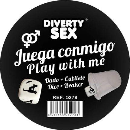 Schwarzes rundes etikett für das sexspiel diablo picante mit weißem text, würfelgrafik und transparentem becher