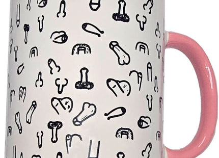 Weißer keramikbecher mit rosa henkel und schwarzem doodle-stil genitalienmotiv 370 ml diablo picante