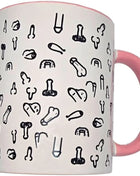 Weißer keramikbecher mit rosa henkel und schwarzem doodle-stil genitalienmotiv 370 ml diablo picante