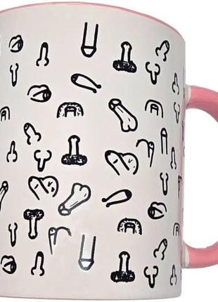 Weißer keramikbecher mit rosa henkel und schwarzem doodle-stil genitalienmotiv 370 ml diablo picante