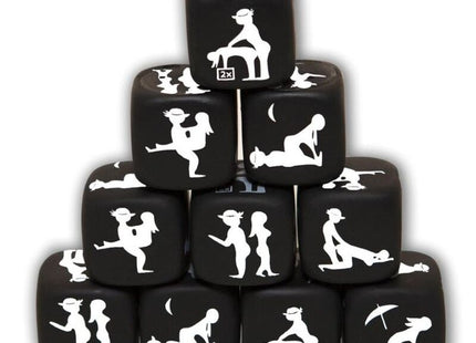 Diablo picante würfelspiel der haltung schwarz zeigt schwarze würfel mit weißen silhouette designs erotischer positionen