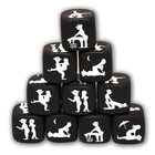 Diablo picante würfelspiel der haltung schwarz zeigt schwarze würfel mit weißen silhouette designs erotischer positionen