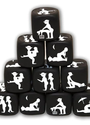 Diablo picante würfelspiel der haltung schwarz zeigt schwarze würfel mit weißen silhouette designs erotischer positionen