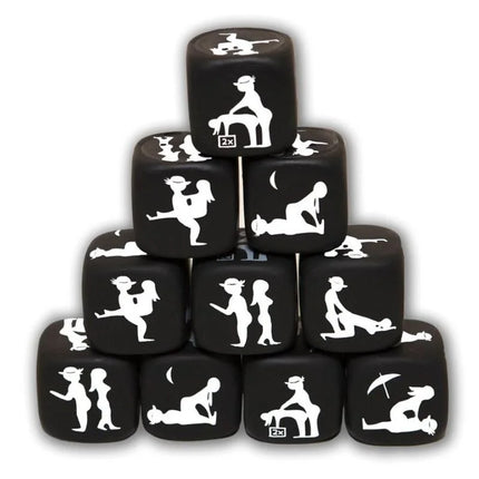 Diablo picante würfelspiel der haltung schwarz zeigt schwarze würfel mit weißen silhouette designs erotischer positionen