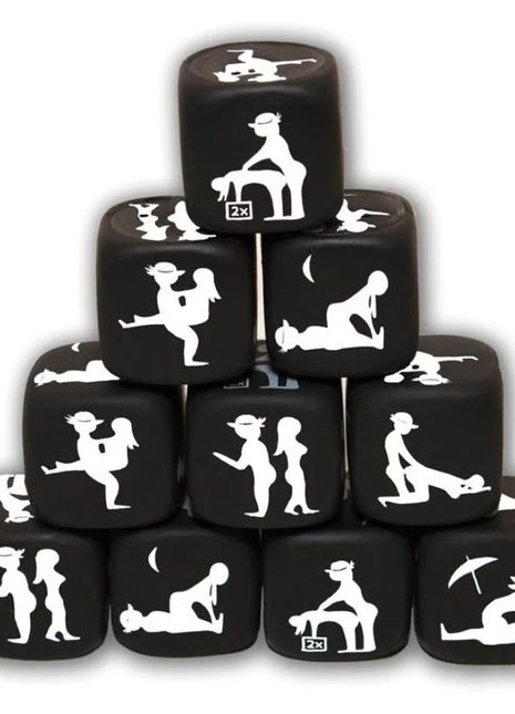 Diablo picante würfelspiel der haltung schwarz zeigt schwarze würfel mit weißen silhouette designs erotischer positionen
