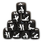 Diablo picante würfelspiel der haltung schwarz zeigt schwarze würfel mit weißen silhouette designs erotischer positionen