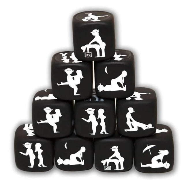 Diablo picante würfelspiel der haltung schwarz zeigt schwarze würfel mit weißen silhouette designs erotischer positionen